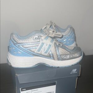 New Balance Kids' Metallic Silver and Light Blue Sneakers